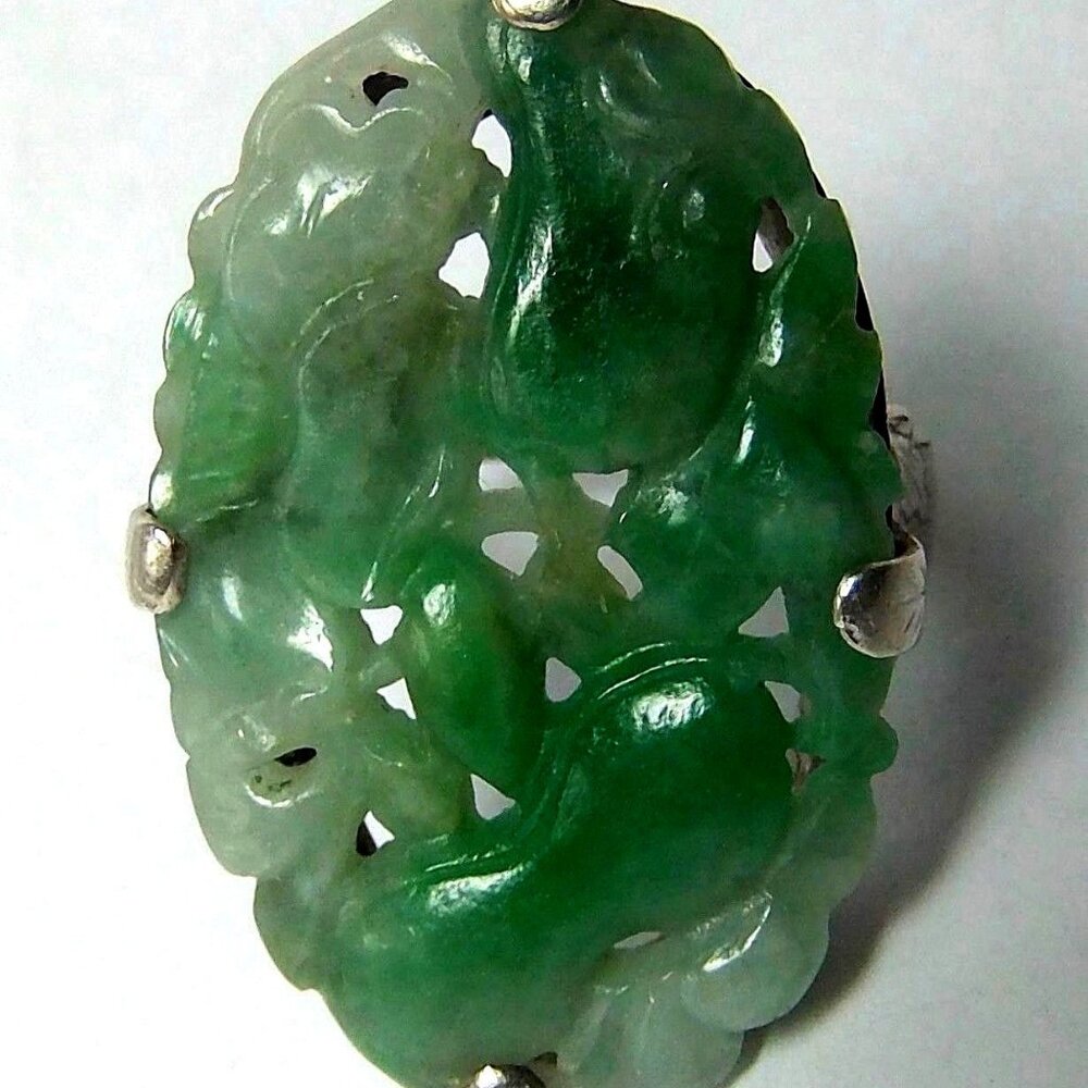 Vintage Solid Sterling Chinese Export Silver Apple Green Jade Jadite Ring sz6.5